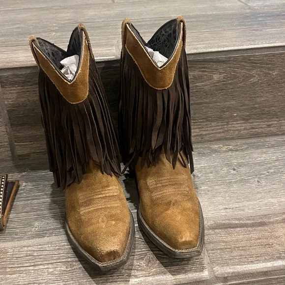 Ariat ATS Gold Rush Fringe Brown Leather Western Boots - Picture 3 of 8